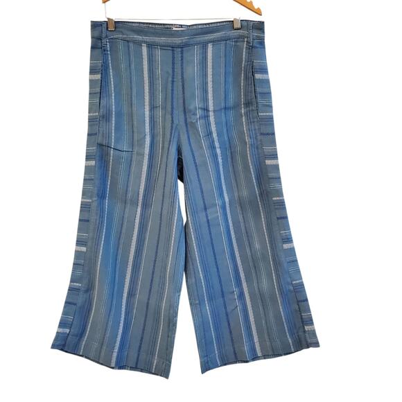 Anthropologie Pants Size Large Womens Blue Linen Cropped Wide Leg Striped Belt - Picture 1 of 11